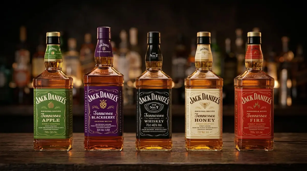 Linha completa de Jack Daniel's: Tennessee Apple, Blackberry, Honey, Fire e Old No. 7